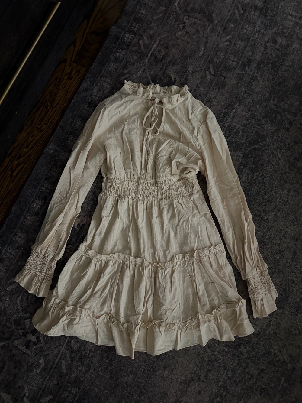 Ruffled Cream Long-Sleeve Smock Waist Dress